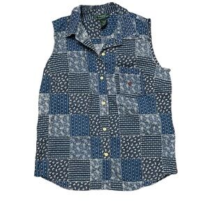 Lauren Ralph Lauren Blue Bandana Patchwork Sleeveless Shirt Size Medium